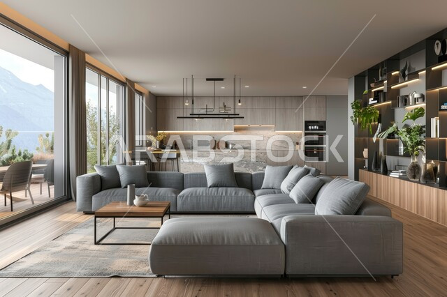 فن الهندسة المعمارية والديكور الداخلي في الفلل والشقق السكنية، واجهة زجاجية مطلة على الطبيعة، التصاميم الداخلية لغرف الجلوس على الطراز الحديث، غرفة معيشة مع أثاث منزلي فاخر باللون الرمادي، تحف واكسسوارات فاخرة، طاولة صغيرة بجانب اريكة مريحة