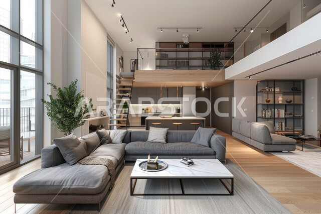 طاولة صغيرة بجانب اريكة مريحة، فن الهندسة المعمارية والديكور الداخلي في الفلل والشقق السكنية، واجهة زجاجية مطلة على الطبيعة، التصاميم الداخلية لغرف الجلوس على الطراز الحديث، غرفة معيشة مع أثاث منزلي فاخر باللون الرمادي، تحف واكسسوارات فاخرة