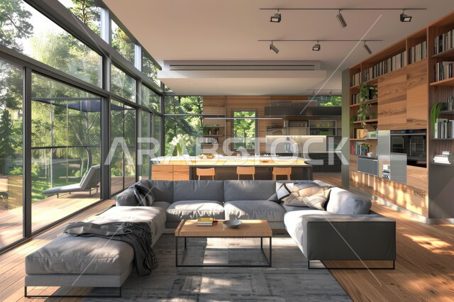 فن الهندسة المعمارية والديكور الداخلي في الفلل والشقق السكنية، واجهة زجاجية مطلة على الطبيعة، التصاميم الداخلية لغرف الجلوس على الطراز الحديث، غرفة معيشة مع أثاث منزلي فاخر باللون الرمادي، تحف واكسسوارات فاخرة، طاولة صغيرة بجانب اريكة مريحة