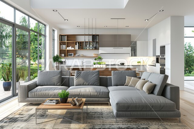 فن الهندسة المعمارية والديكور الداخلي في الفلل والشقق السكنية، واجهة زجاجية مطلة على الطبيعة، التصاميم الداخلية لغرف الجلوس على الطراز الحديث، غرفة معيشة مع أثاث منزلي فاخر باللون الرمادي، تحف واكسسوارات فاخرة، طاولة صغيرة بجانب اريكة مريحة