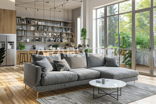 طاولة صغيرة بجانب اريكة مريحة، فن الهندسة المعمارية والديكور الداخلي في الفلل والشقق السكنية، واجهة زجاجية مطلة على الطبيعة، التصاميم الداخلية لغرف الجلوس على الطراز الحديث، غرفة معيشة مع أثاث منزلي فاخر باللون الرمادي، تحف واكسسوارات فاخرة