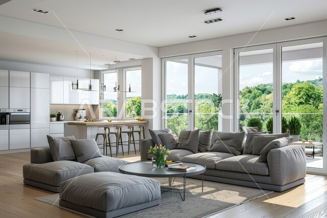 فن الهندسة المعمارية والديكور الداخلي في الفلل والشقق السكنية، واجهة زجاجية مطلة على الطبيعة، التصاميم الداخلية لغرف الجلوس على الطراز الحديث، غرفة معيشة مع أثاث منزلي فاخر باللون الرمادي، تحف واكسسوارات فاخرة، طاولة صغيرة بجانب اريكة مريحة