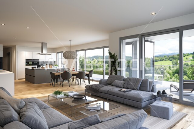 طاولة صغيرة بجانب اريكة مريحة، فن الهندسة المعمارية والديكور الداخلي في الفلل والشقق السكنية، واجهة زجاجية مطلة على الطبيعة، التصاميم الداخلية لغرف الجلوس على الطراز الحديث، غرفة معيشة مع أثاث منزلي فاخر باللون الرمادي، تحف واكسسوارات فاخرة