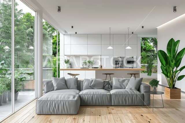 تحف واكسسوارات فاخرة، طاولة صغيرة بجانب اريكة مريحة، فن الهندسة المعمارية والديكور الداخلي في الفلل والشقق السكنية، واجهة زجاجية مطلة على الطبيعة، التصاميم الداخلية لغرف الجلوس على الطراز الحديث، غرفة معيشة مع أثاث منزلي فاخر باللون الرمادي