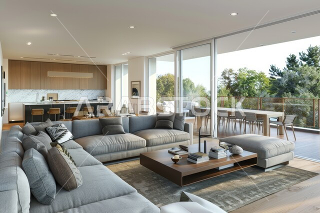 طاولة صغيرة بجانب اريكة مريحة، فن الهندسة المعمارية والديكور الداخلي في الفلل والشقق السكنية، واجهة زجاجية مطلة على الطبيعة، التصاميم الداخلية لغرف الجلوس على الطراز الحديث، غرفة معيشة مع أثاث منزلي فاخر باللون الرمادي، تحف واكسسوارات فاخرة