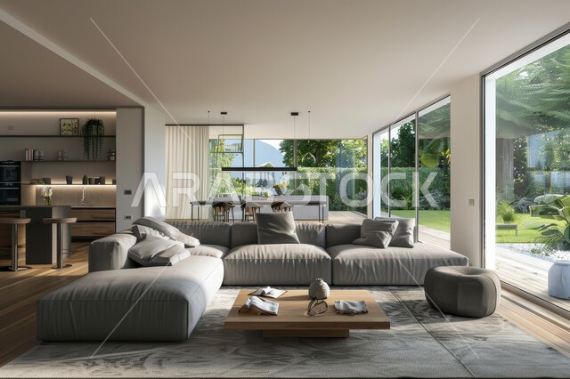 فن الهندسة المعمارية والديكور الداخلي في الفلل والشقق السكنية، واجهة زجاجية مطلة على الطبيعة، التصاميم الداخلية لغرف الجلوس على الطراز الحديث، غرفة معيشة مع أثاث منزلي فاخر باللون الرمادي، تحف واكسسوارات فاخرة، طاولة صغيرة بجانب اريكة مريحة