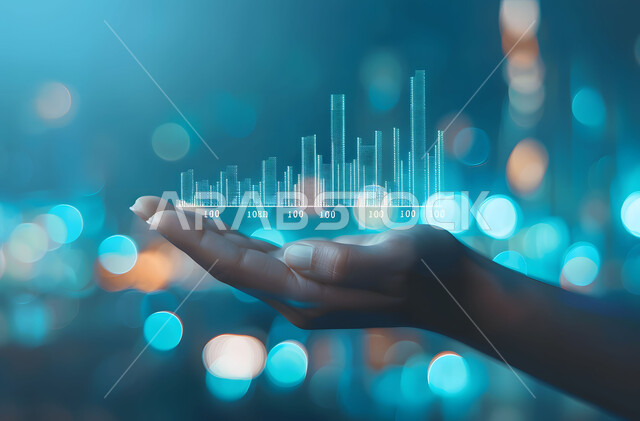 Development of artificial intelligence technologies, digital currency trading, Saudi Vision 2030, digital transformation and technological progress, monitoring the rise and fall of stocks in the stock market, close-up of a Saudi Arabian Gulf woman's hand holding a hologram chart of economic growth
