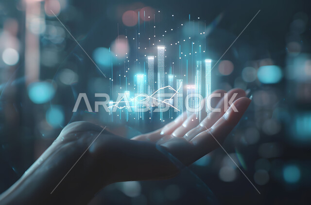 تداول العملة الرقمية، رؤية مستقبلية سعودية 2030، التحول الرقمي والتقدم التقني، تطوير تقنيات الذكاء الاصطناعي، مراقبة ارتفاع وانخفاض الأسهم في سوق البورصه، صورة مقربة ليد امرأة عربية خليجية سعودية تحمل مخطط هولوجرامي للرسم البياني للنمو الاقتصادي