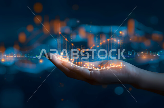 التحول الرقمي والتقدم التقني، رؤية مستقبلية سعودية 2030، تداول العملة الرقمية، تطوير تقنيات الذكاء الاصطناعي، مراقبة ارتفاع وانخفاض الأسهم في سوق البورصه، صورة مقربة ليد امرأة عربية خليجية سعودية تحمل مخطط هولوجرامي للرسم البياني للنمو الاقتصادي