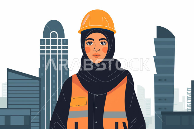 العمل في موقع البناء، التدقيق والاشراف على سير الخطة، مفهوم الانشاءات المعمارية والهندسة، مهن ووظائف هندسية سعودية، رسوم توضيحية لمهندسة عربية خليجية سعودية ترتدي سترة وخوذة الحماية