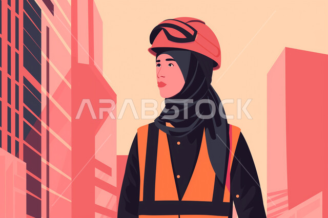 Auditing and supervising the progress of the plan, working on the construction site, the concept of architectural and engineering constructions, Saudi engineering professions and jobs, illustrations of a Saudi Arabian Gulf female engineer wearing a protective jacket and helmet