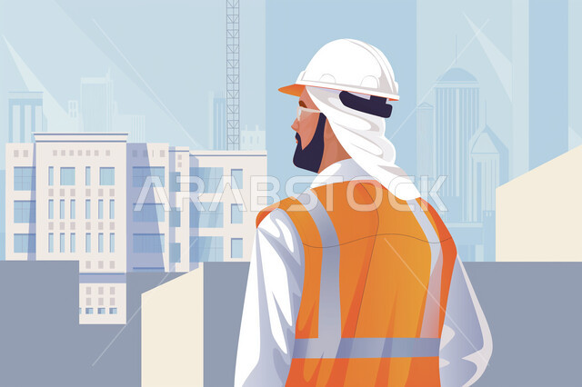 مهن ووظائف هندسية سعودية، العمل في موقع البناء، التدقيق والاشراف على سير الخطة، رسوم توضيحية لمهندس عربي خليجي سعودي يرتدي سترة وخوذة الحماية، مفهوم الانشاءات المعمارية والهندسة