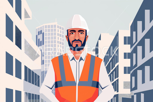 العمل في موقع البناء، التدقيق والاشراف على سير الخطة، رسوم توضيحية لمهندس عربي خليجي سعودي يرتدي سترة وخوذة الحماية، مهن ووظائف هندسية سعودية، مفهوم الانشاءات المعمارية والهندسة