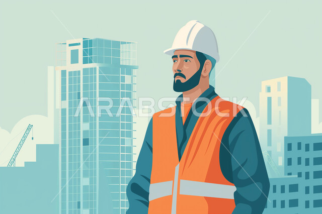 التدقيق والاشراف على سير الخطة، رسوم توضيحية لمهندس عربي خليجي سعودي يرتدي سترة وخوذة الحماية، العمل في موقع البناء، مهن ووظائف هندسية سعودية، مفهوم الانشاءات المعمارية والهندسة