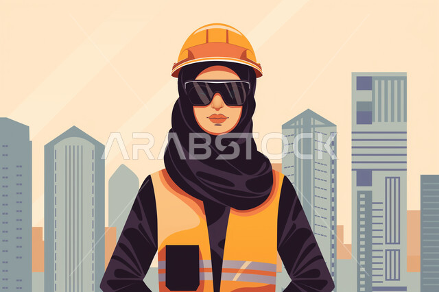 مهن ووظائف هندسية سعودية، العمل في موقع البناء، التدقيق والاشراف على سير الخطة، رسوم توضيحية لمهندسة عربية خليجية سعودية ترتدي سترة وخوذة الحماية تضع النظارة الشمسية، مفهوم الانشاءات المعمارية والهندسة