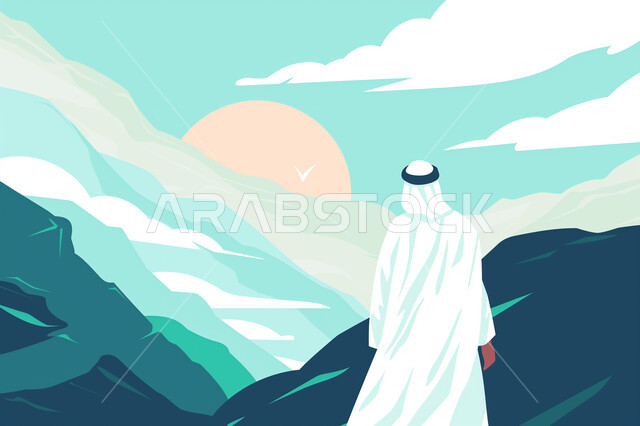رسوم توضيحية لرجل عربي خليجي اماراتي يقف على قمة جبل، القمم والمرتفعات الجبلية، التكوينات والتشكيلات الصخرية الطبيعية، منظر السماء في وقت غروب الشمس