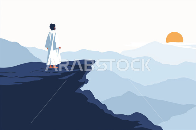 القمم والمرتفعات الجبلية، رسوم توضيحية لرجل عربي خليجي اماراتي يقف على قمة جبل، التكوينات والتشكيلات الصخرية الطبيعية، منظر السماء في وقت غروب الشمس