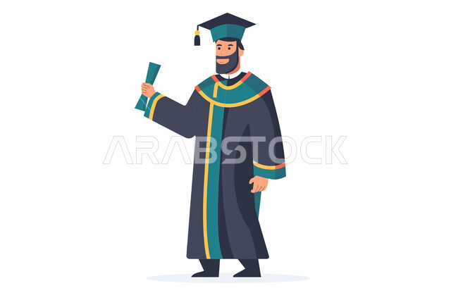 إيماءات الفرح والسرور, رسوم توضيحية لطالب عربي سعودي خليجي يرتدي العباءه وقبعة التخرج يحمل بيده شهادة النجاح، الاحتفال بإنهاء الدراسة الجامعية، الاهتمام بالأناقة والمظهر الخارجي، الشعور بالفخر والثقة بالنفس, مفهوم الاجتهاد والتفوق، خلفية بيضاء
