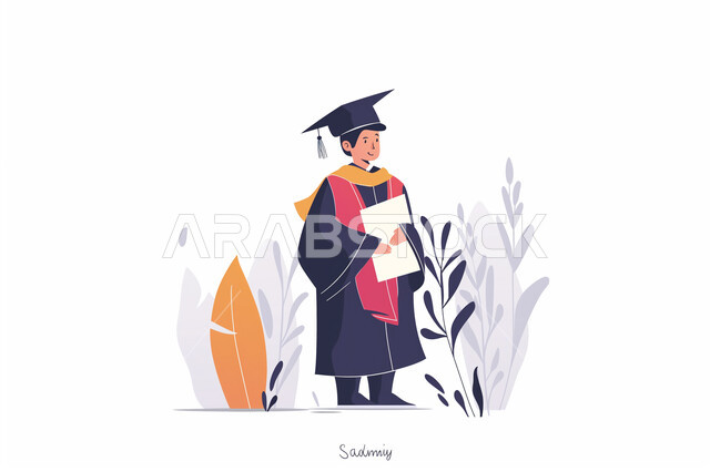 Feeling proud and confident, gestures of joy and happiness, illustration of a Saudi Arabian Gulf student wearing an abaya and a graduation cap holding a certificate of success, celebrating the completion of university studies, interest in elegance and appearance, concept of diligence and excellence, white background