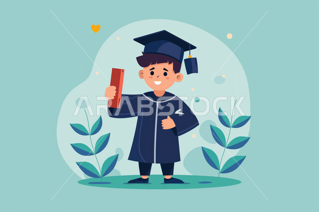 Gestures of joy and happiness, illustration of a Saudi Arabian Gulf student wearing an abaya and a graduation cap holding a certificate of success, celebrating the completion of university studies, interest in elegance and appearance, feeling proud and self-confident, concept of diligence and excellence, blue background