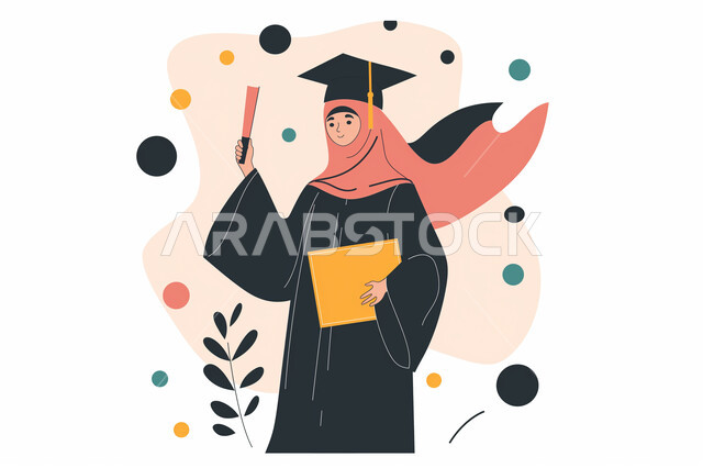 إيماءات الفرح والسرور, رسوم توضيحية لطالبة عربية سعودية خليجية محجبة ترتدي العباءه وقبعة التخرج تحمل بيدها شهادة النجاح، الاحتفال بإنهاء الدراسة الجامعية، الاهتمام بالأناقة والمظهر الخارجي، الشعور بالفخر والثقة بالنفس, مفهوم الاجتهاد والتفوق، خلفية بيضاء