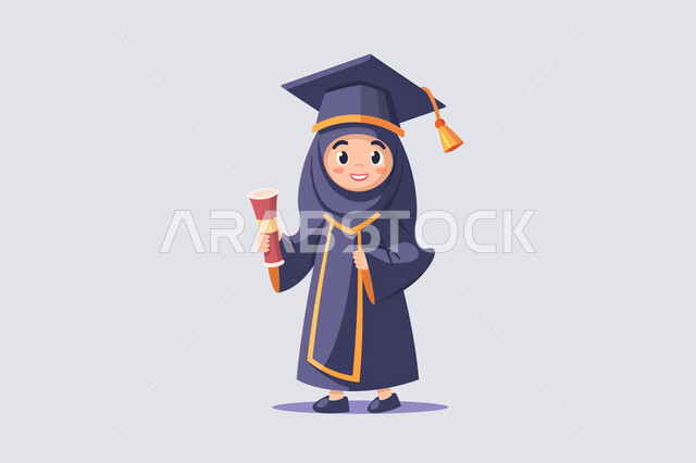 Celebrating the completion of university studies, interest in elegance and appearance, feeling proud and self-confident, illustrations of a veiled Saudi Arabian Gulf female student wearing an abaya and a graduation cap holding a certificate of success in her hand, gestures of joy and happiness, the concept of diligence and excellence, gray background
