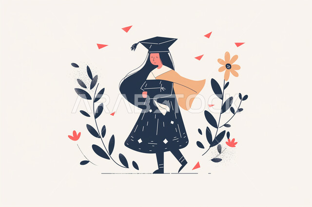 الاهتمام بالأناقة والمظهر الخارجي، الشعور بالفخر والثقة بالنفس, الاحتفال بإنهاء الدراسة الجامعية، رسوم توضيحية لطالبة عربية سعودية خليجية ترتدي العباءه وقبعة التخرج تحمل بيدها شهادة النجاح، إيماءات الفرح والسرور, مفهوم الاجتهاد والتفوق، خلفية بيج