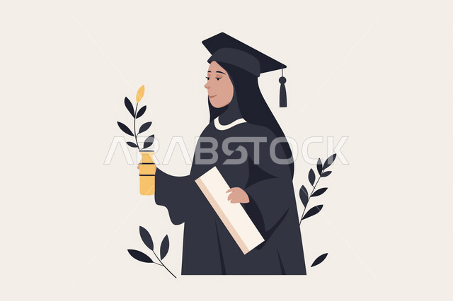 Celebrating the completion of university studies, caring about elegance and appearance, feeling proud and self-confident, illustrations of a veiled Saudi Arabian Gulf female student wearing an abaya and a graduation cap holding a certificate of success in her hand, gestures of joy and happiness, the concept of diligence and excellence, beige background