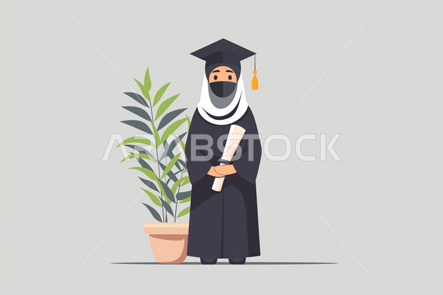 الشعور بالفخر والثقة بالنفس, الاهتمام بالأناقة والمظهر الخارجي، الاحتفال بإنهاء الدراسة الجامعية، رسوم توضيحية لطالبة عربية سعودية خليجية ترتدي العباءه وقبعة التخرج تحمل بيدها شهادة النجاح، إيماءات الفرح والسرور, مفهوم الاجتهاد والتفوق، خلفية رمادية