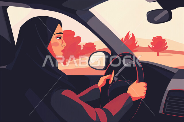 مفهوم الاستقلال والاعتماد على النفس، اعتماد المرأة على نفسها في التنقل والمواصلات، رسوم توضيحية لإمرأه عربية خليجية سعودية محجبة تقوم بقيادة السيارة