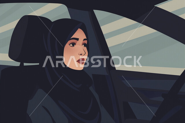 Women's self-reliance in transportation and mobility, the concept of independence and self-reliance, illustrations of a veiled Saudi Arabian Gulf woman driving a car