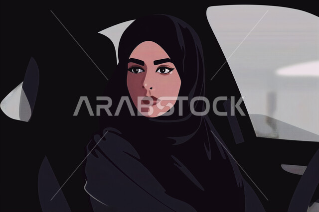 مفهوم الاستقلال والاعتماد على النفس، اعتماد المرأة على نفسها في التنقل والمواصلات، رسوم توضيحية لإمرأه عربية خليجية سعودية محجبة تقوم بقيادة السيارة