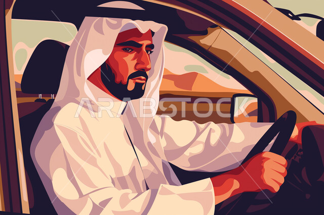 تعليم قيادة السيارات، رسوم توضيحية لرجل عربي خليجي اماراتي يرتدي الكندورة الغترة يقوم بقيادة السيارة، خدمات النقل الأمنة في المملكة العربية السعودية، وسائل النقل والمواصلات البرية