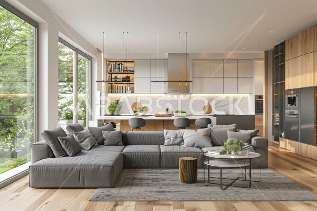 التصاميم الداخلية لغرف الجلوس على الطراز الحديث، واجهة زجاجية مطلة على الطبيعة، غرفة معيشة مع أثاث منزلي فاخر باللون الرمادي، تحف واكسسوارات فاخرة، طاولة صغيرة بجانب اريكة مريحة، فن الهندسة المعمارية والديكور الداخلي في الفلل والشقق السكنية