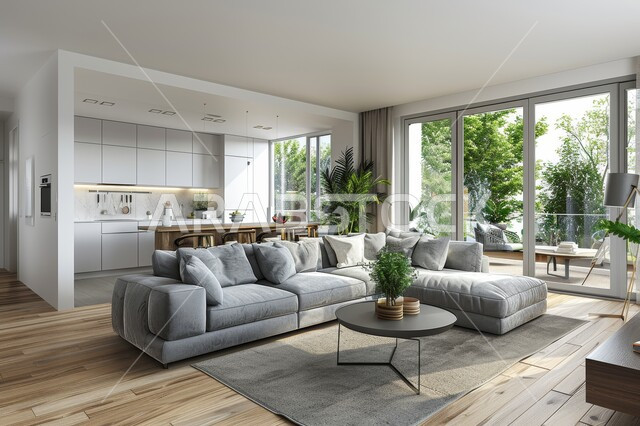 طاولة صغيرة بجانب اريكة مريحة، تحف واكسسوارات فاخرة، غرفة معيشة مع أثاث منزلي فاخر باللون الرمادي، التصاميم الداخلية لغرف الجلوس على الطراز الحديث، فن الهندسة المعمارية والديكور الداخلي في الفلل والشقق السكنية