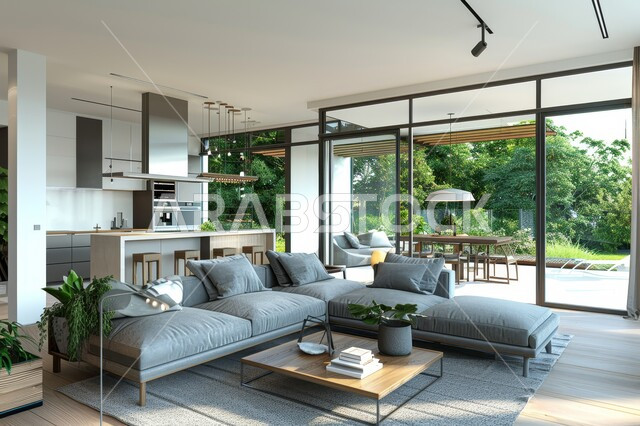 واجهة زجاجية مطلة على الطبيعة، التصاميم الداخلية لغرف الجلوس على الطراز الحديث، غرفة معيشة مع أثاث منزلي فاخر باللون الرمادي، تحف واكسسوارات فاخرة، طاولة صغيرة بجانب اريكة مريحة، فن الهندسة المعمارية والديكور الداخلي في الفلل والشقق السكنية