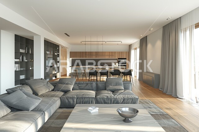 طاولة صغيرة بجانب اريكة مريحة، تحف واكسسوارات فاخرة، غرفة معيشة مع أثاث منزلي فاخر باللون الرمادي، التصاميم الداخلية لغرف الجلوس على الطراز الحديث، فن الهندسة المعمارية والديكور الداخلي في الفلل والشقق السكنية