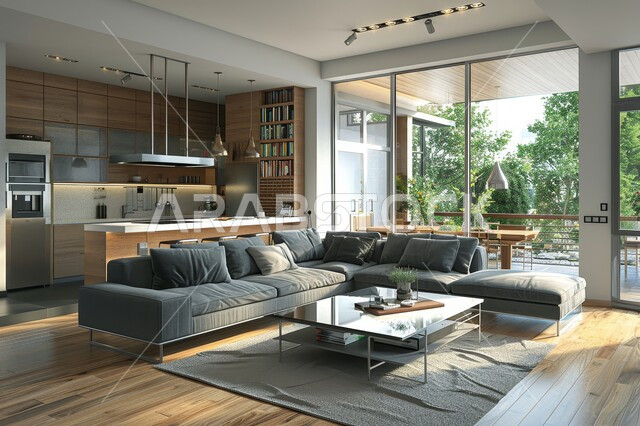 التصاميم الداخلية لغرف الجلوس على الطراز الحديث، واجهة زجاجية مطلة على الطبيعة، غرفة معيشة مع أثاث منزلي فاخر باللون الرمادي، تحف واكسسوارات فاخرة، طاولة صغيرة بجانب اريكة مريحة، فن الهندسة المعمارية والديكور الداخلي في الفلل والشقق السكنية