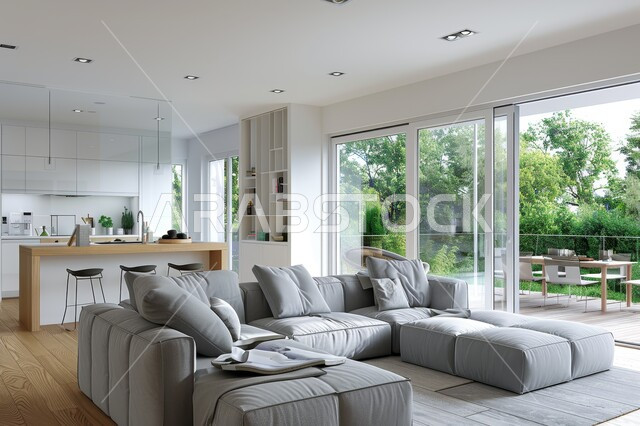 التصاميم الداخلية لغرف الجلوس على الطراز الحديث، واجهة زجاجية مطلة على الطبيعة، غرفة معيشة مع أثاث منزلي فاخر باللون الرمادي، تحف واكسسوارات فاخرة، طاولة صغيرة بجانب اريكة مريحة، فن الهندسة المعمارية والديكور الداخلي في الفلل والشقق السكنية