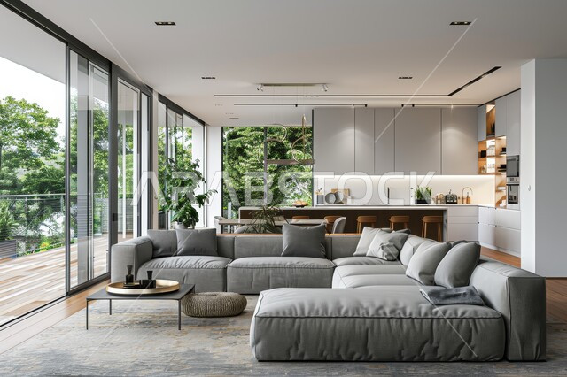 واجهة زجاجية مطلة على الطبيعة، التصاميم الداخلية لغرف الجلوس على الطراز الحديث، غرفة معيشة مع أثاث منزلي فاخر باللون الرمادي، تحف واكسسوارات فاخرة، طاولة صغيرة بجانب اريكة مريحة، فن الهندسة المعمارية والديكور الداخلي في الفلل والشقق السكنية