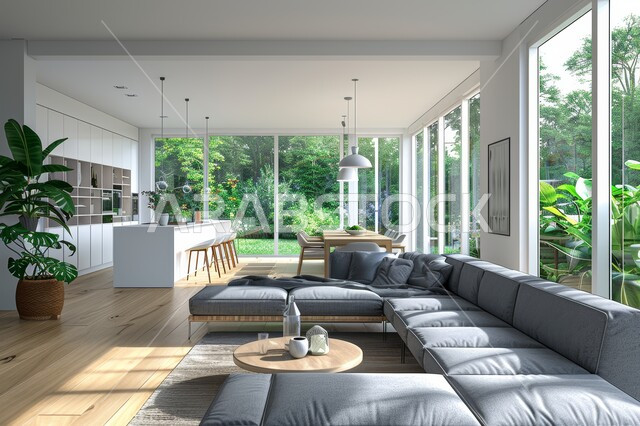 واجهة زجاجية مطلة على الطبيعة، التصاميم الداخلية لغرف الجلوس على الطراز الحديث، غرفة معيشة مع أثاث منزلي فاخر باللون الرمادي، تحف واكسسوارات فاخرة، طاولة صغيرة بجانب اريكة مريحة، فن الهندسة المعمارية والديكور الداخلي في الفلل والشقق السكنية