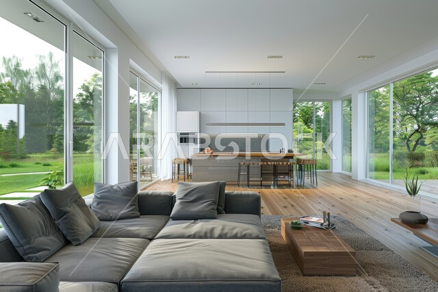 التصاميم الداخلية لغرف الجلوس على الطراز الحديث، واجهة زجاجية مطلة على الطبيعة، غرفة معيشة مع أثاث منزلي فاخر باللون الرمادي، تحف واكسسوارات فاخرة، طاولة صغيرة بجانب اريكة مريحة، فن الهندسة المعمارية والديكور الداخلي في الفلل والشقق السكنية