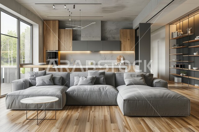 طاولة صغيرة بجانب اريكة مريحة، تحف واكسسوارات فاخرة، غرفة معيشة مع أثاث منزلي فاخر باللون الرمادي، التصاميم الداخلية لغرف الجلوس على الطراز الحديث، فن الهندسة المعمارية والديكور الداخلي في الفلل والشقق السكنية