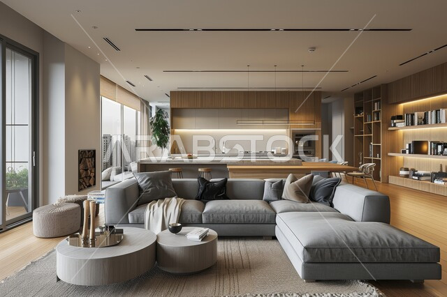 طاولة صغيرة بجانب اريكة مريحة، تحف واكسسوارات فاخرة، غرفة معيشة مع أثاث منزلي فاخر باللون الرمادي، التصاميم الداخلية لغرف الجلوس على الطراز الحديث، فن الهندسة المعمارية والديكور الداخلي في الفلل والشقق السكنية