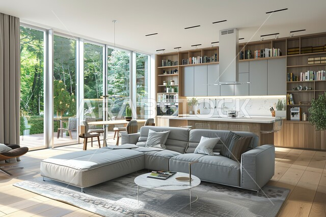 التصاميم الداخلية لغرف الجلوس على الطراز الحديث، واجهة زجاجية مطلة على الطبيعة، غرفة معيشة مع أثاث منزلي فاخر باللون الرمادي، تحف واكسسوارات فاخرة، طاولة صغيرة بجانب اريكة مريحة، فن الهندسة المعمارية والديكور الداخلي في الفلل والشقق السكنية