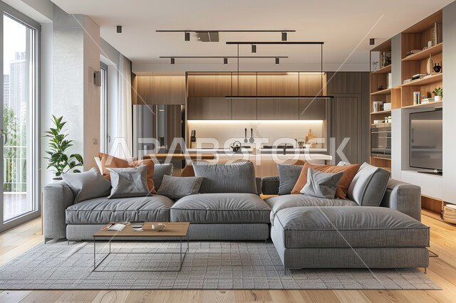 طاولة صغيرة بجانب اريكة مريحة، تحف واكسسوارات فاخرة، غرفة معيشة مع أثاث منزلي فاخر باللون الرمادي، التصاميم الداخلية لغرف الجلوس على الطراز الحديث، فن الهندسة المعمارية والديكور الداخلي في الفلل والشقق السكنية