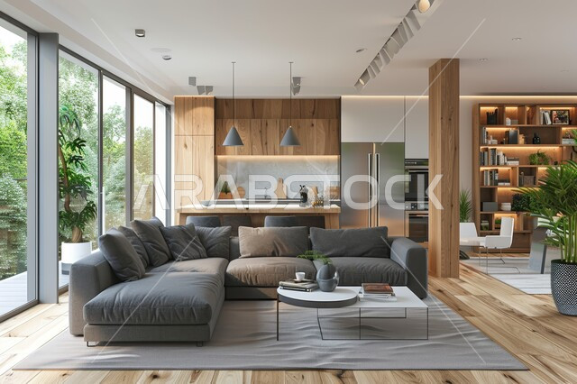 التصاميم الداخلية لغرف الجلوس على الطراز الحديث، واجهة زجاجية مطلة على الطبيعة، غرفة معيشة مع أثاث منزلي فاخر باللون الرمادي، تحف واكسسوارات فاخرة، طاولة صغيرة بجانب اريكة مريحة، فن الهندسة المعمارية والديكور الداخلي في الفلل والشقق السكنية