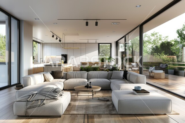 طاولة صغيرة بجانب اريكة مريحة، تحف واكسسوارات فاخرة، غرفة معيشة مع أثاث منزلي فاخر باللون الرمادي، التصاميم الداخلية لغرف الجلوس على الطراز الحديث، فن الهندسة المعمارية والديكور الداخلي في الفلل والشقق السكنية