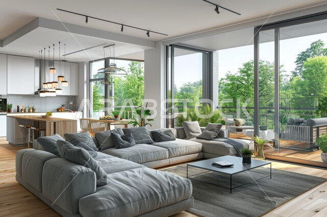 التصاميم الداخلية لغرف الجلوس على الطراز الحديث، واجهة زجاجية مطلة على الطبيعة، غرفة معيشة مع أثاث منزلي فاخر باللون الرمادي، تحف واكسسوارات فاخرة، طاولة صغيرة بجانب اريكة مريحة، فن الهندسة المعمارية والديكور الداخلي في الفلل والشقق السكنية