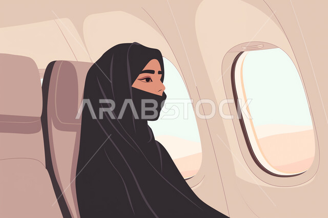 Saudi Airlines, illustrations of a young veiled Saudi Arabian Gulf Arab woman sitting in a seat inside an airplane, the concept of tourism and travel, means of transportation and air transport, providing advanced services for easy movement between countries